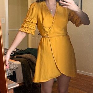 Chic Mustard Wrap Dress with Ruffle Sleeves